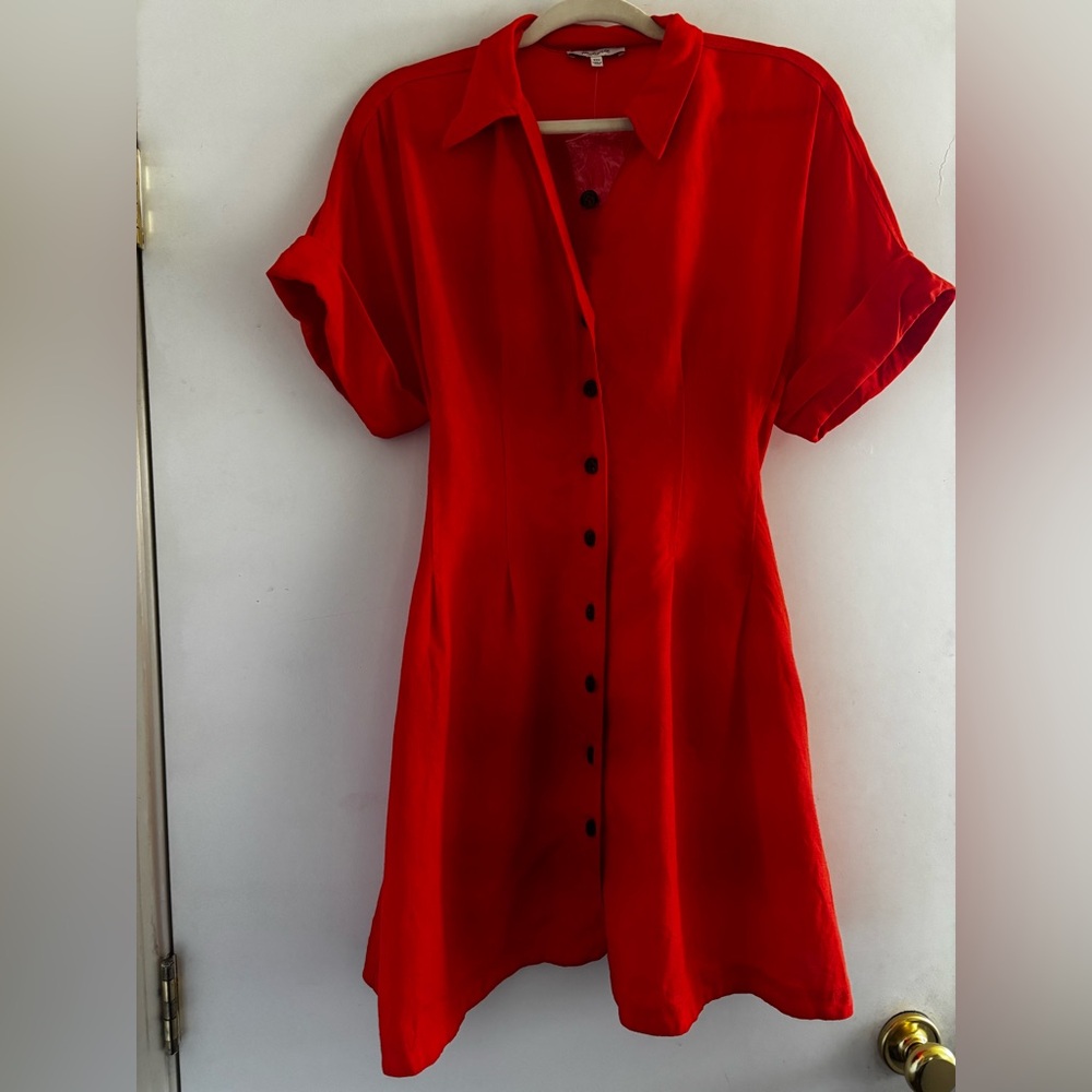 Madewell Pleated Mini Shirtdress in 100% Linen in Bright Flame - Picture 3 of 4